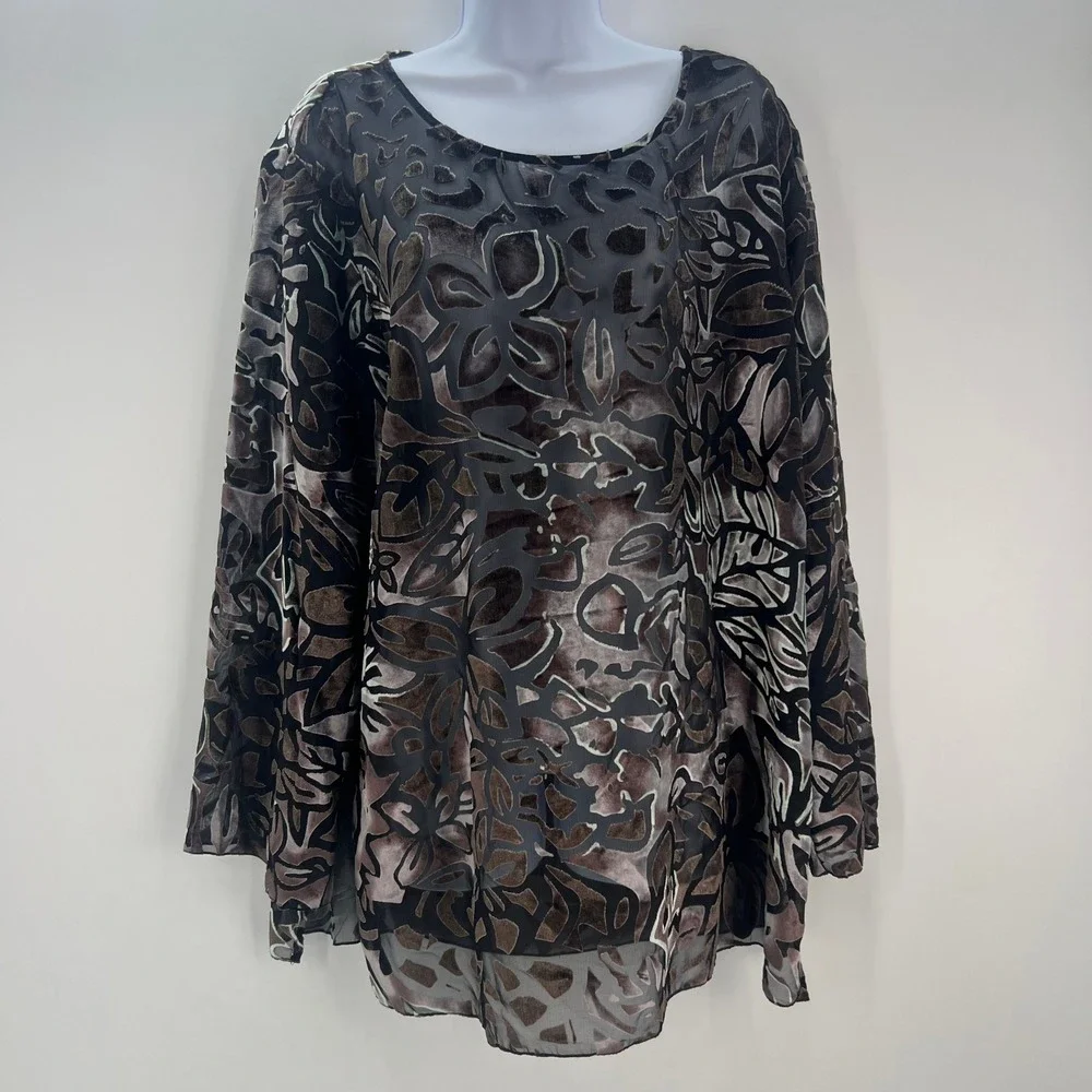 Additions by Chico's Size 3 US XL Black Brown Floral Burnout Velvet Tunic Top - Picture 10 of 10